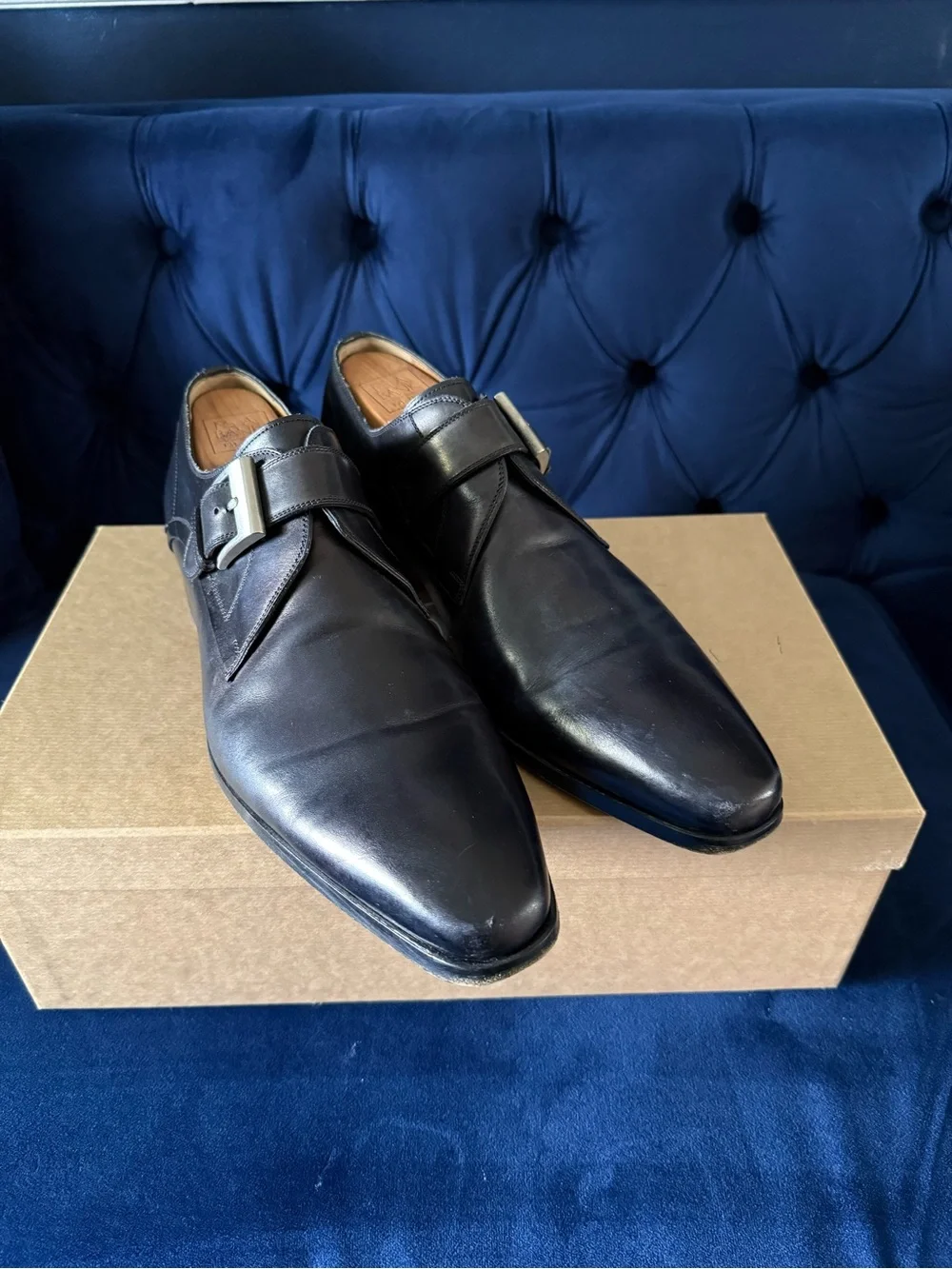 Magnanni Navy Leather Single Monk Strap Shoes
